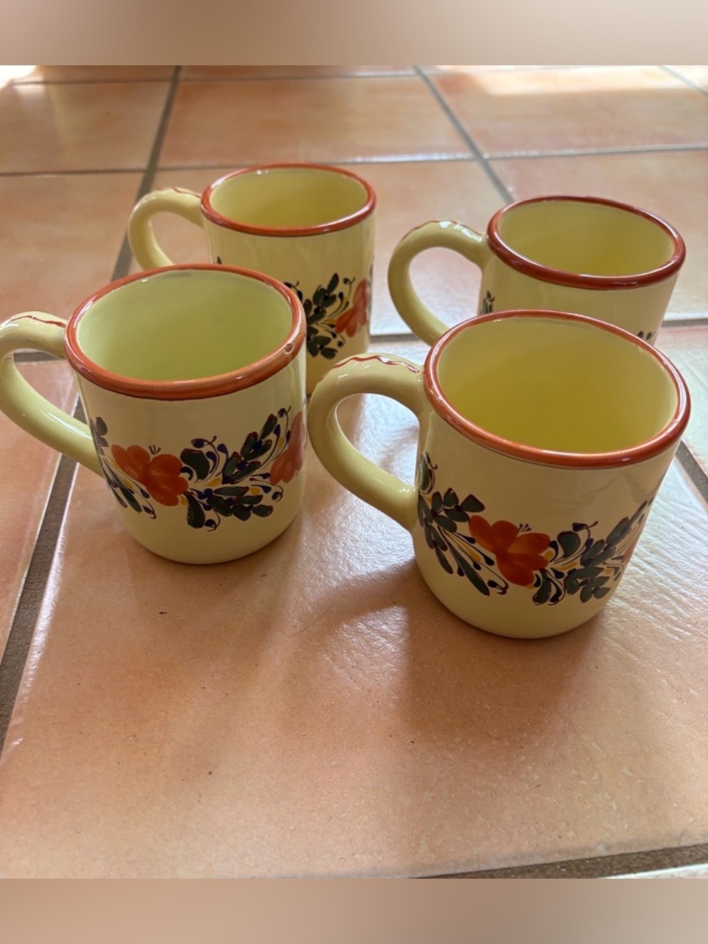 Mugs Set of 4 Handmade Floral Pottery, Hungary Hungarian Kinga Sralt Vintage